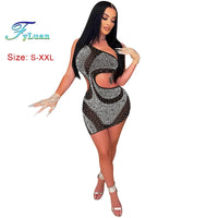Mesh Perspective Women's Cut Out Waist Dress Inclined ShoulderSleeveless Set With Diamonds Slim Irregular Skirt Vacation Outfits