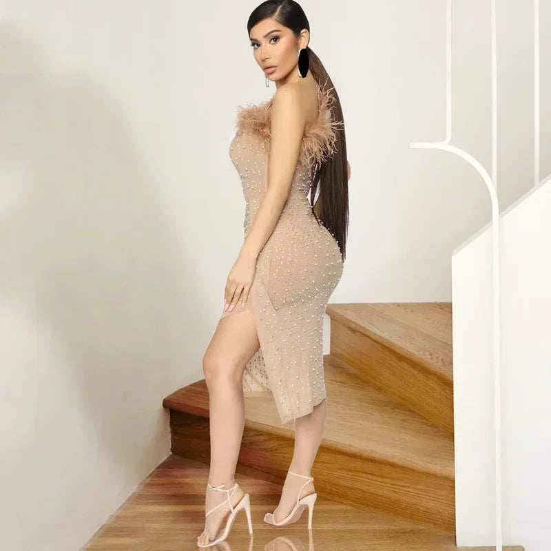 KEXU Feather Sheer Mesh Splicing Wraped Side Split Diamond Dress Beaded One Shoulder Rhinestones Sexy Club Party Women Dress