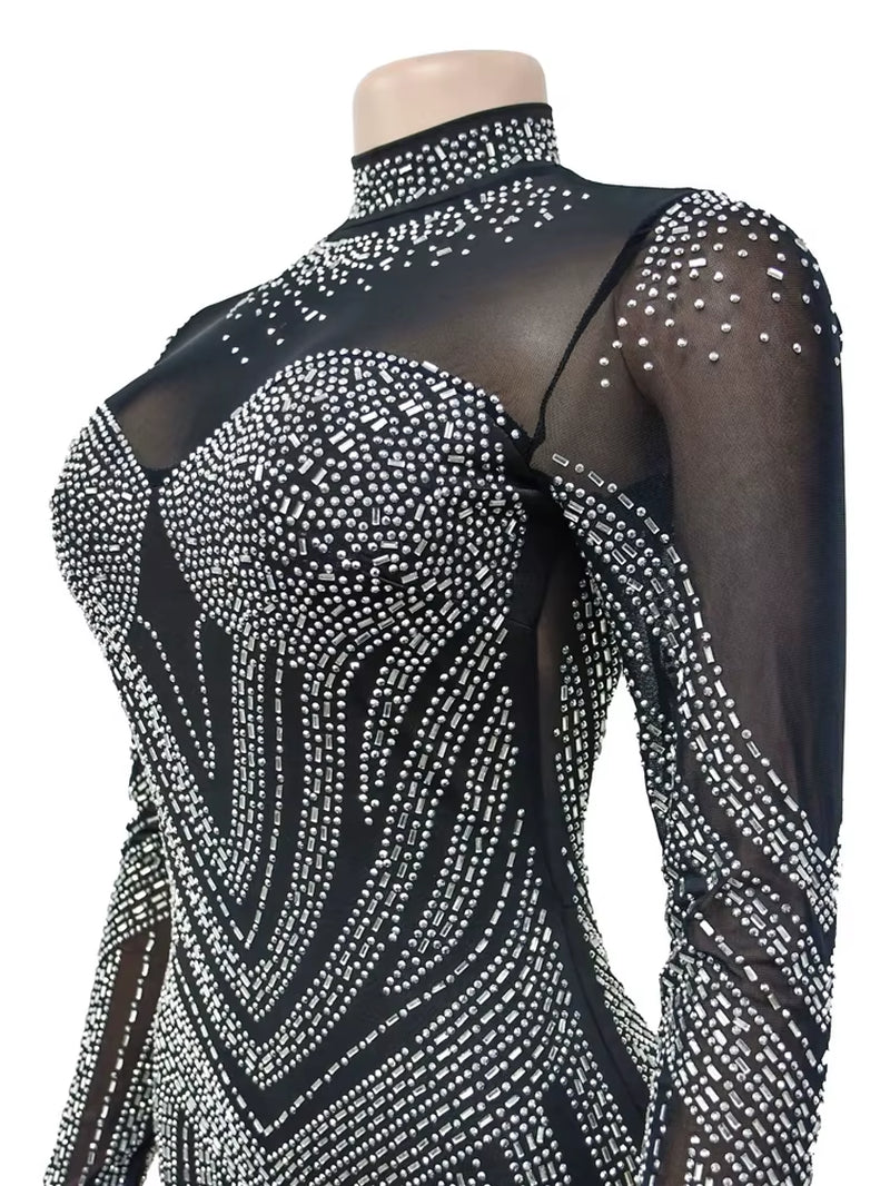 Idress Elegant Rhinestone Decor Sheer Mesh Bodycon Long Sleeve Dress for Women Sexy Designer Fashion Night Party Club Vestidos - stylishhomedecor2024.com