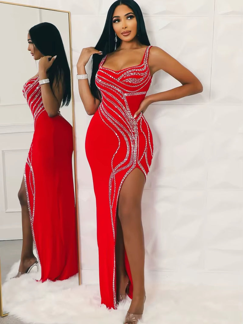 Women'S Rhinestones Décor Leg Slit Maxi Dress Glam Sleeveless Diamonds Slim Party Club Dress Birthday Outfits Vestidos - stylishhomedecor2024.com