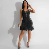 Sequin Mesh Halter Backless Cocktail Dress