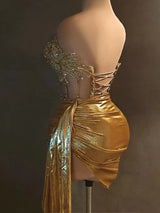 Women Glitter Top Two Pieces Short Skirt Sets Sexy Strapless Sequins Rhinestone Luxury Gold Dress Design 2024 Stage Show Outfit - stylishhomedecor2024.com