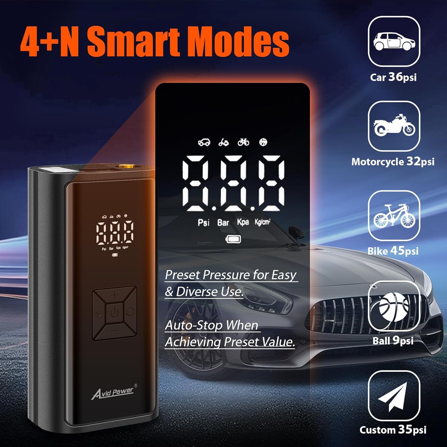 AVID POWER Portable Tire Inflator for Car, Cordless Air Compressor W/ 4500Mah Battery and 12V DC Adapter, Air Pump for Car Tires, Motorcycle, Bicycle, Ball and Small Inflatables W/Smart Modes