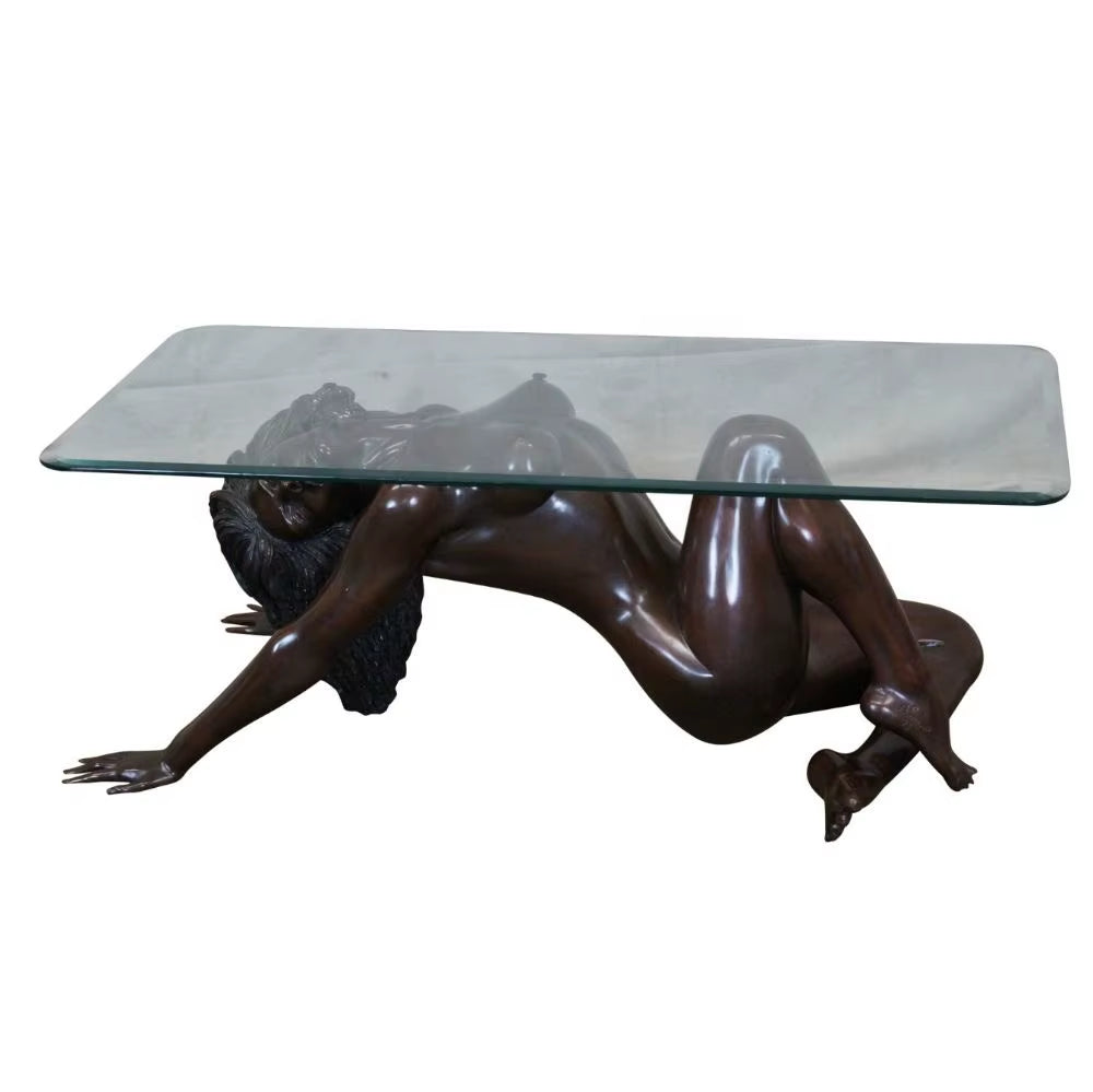 Function Center Decoration Girl Statue Lady Female Figural Art Casting Woman Bronze Sculpture Coffee Table with Glass Top