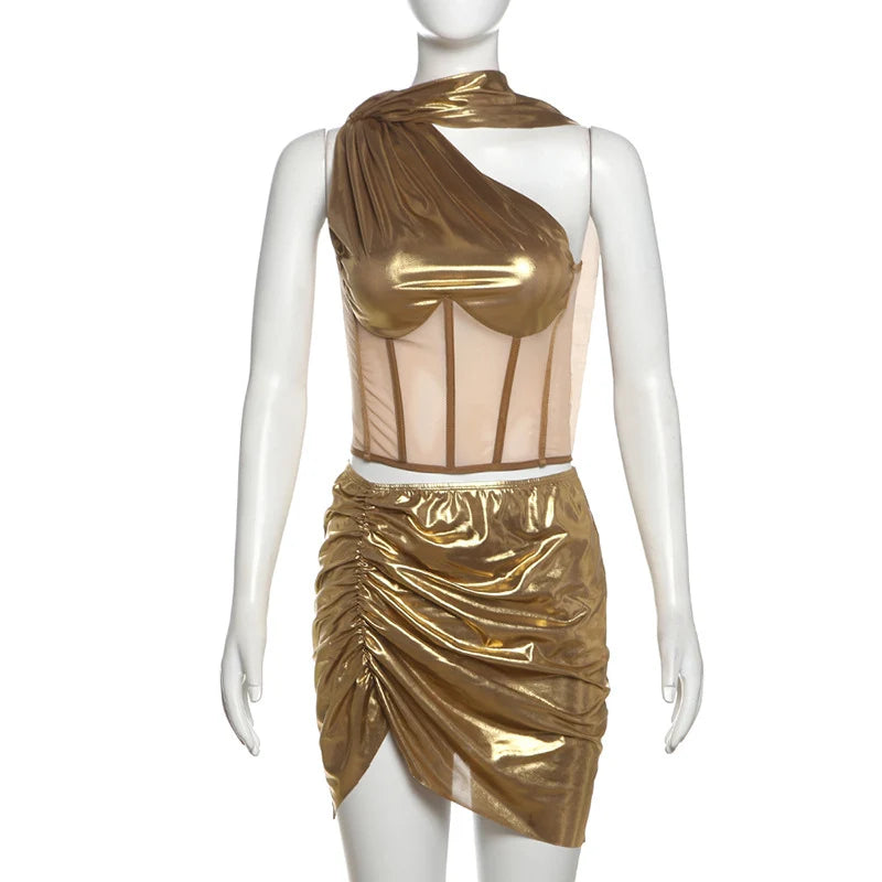 Sexy Night Club 2 Piece Sets Women Outfit Festival Clothing One Shoulder Mesh Patchwork Sheer Crop Top and Draped Mini Skirt Set