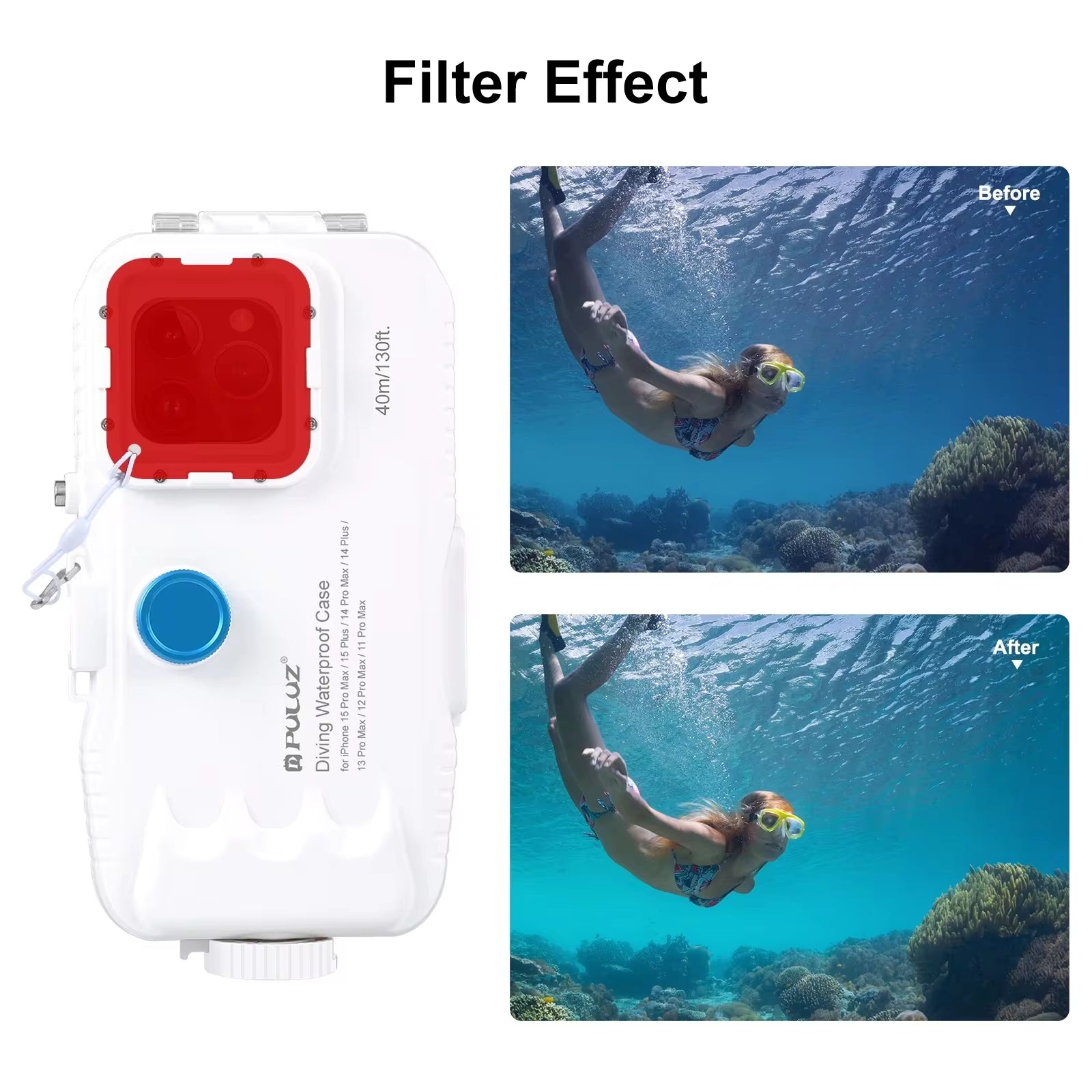 PULUZ 40M/130Ft Waterproof Diving Case for 15 14 13 12 11 Pro Max plus with One-Way Valve Underwater Video Housing Cover - stylishhomedecor2024.com