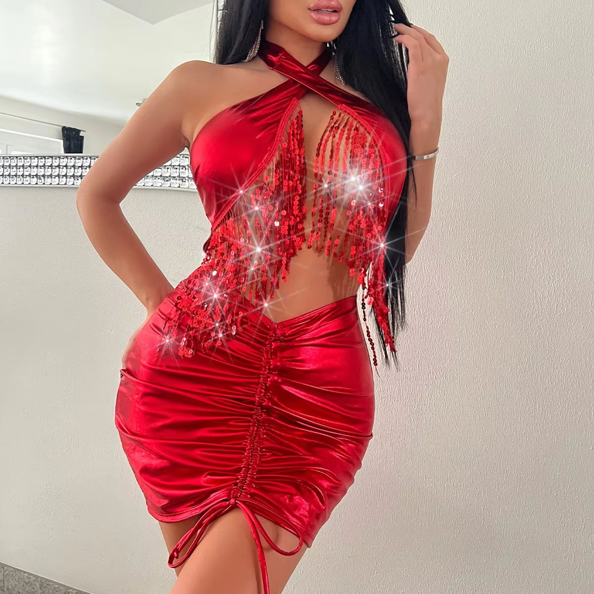 New European and American Red Tassel Sexy Halter Hip-Emphasizing Dress - stylishhomedecor2024.com