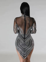 Idress Elegant Rhinestone Decor Sheer Mesh Bodycon Long Sleeve Dress for Women Sexy Designer Fashion Night Party Club Vestidos - stylishhomedecor2024.com