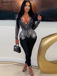 Sparkle Black Rhinestone Long Pants Jumpsuits Womens Autumn Long Sleeve Crystal Rompers Nightclub Outfits Clubwear - stylishhomedecor2024.com