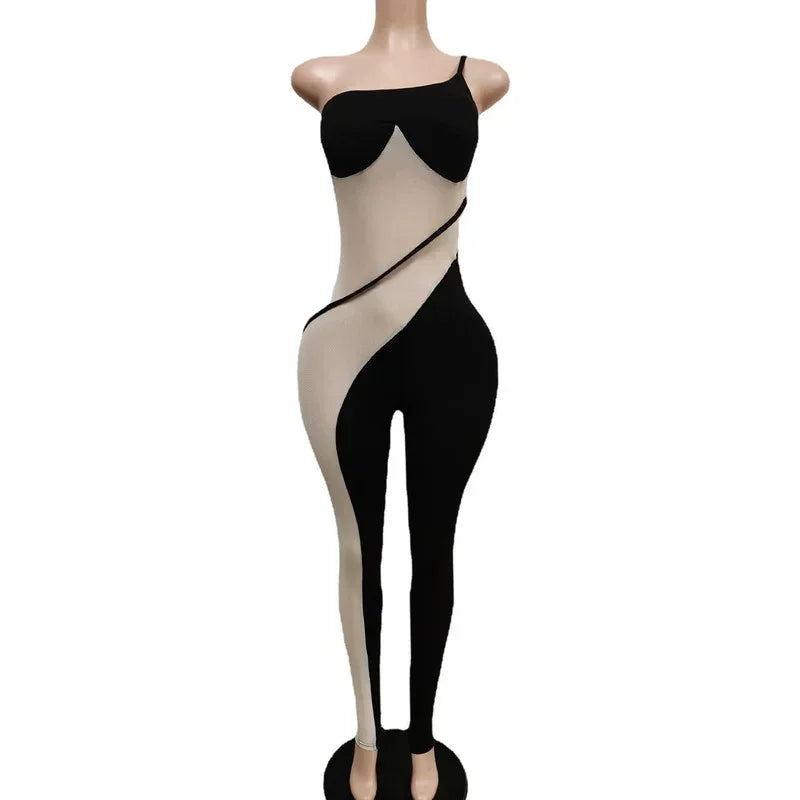 GUWU Mesh See Though One Shoulder Spaghetti Strap Sleeveless Women Jumpsuit  Summer Sexy Party Club Playsuit Overalls