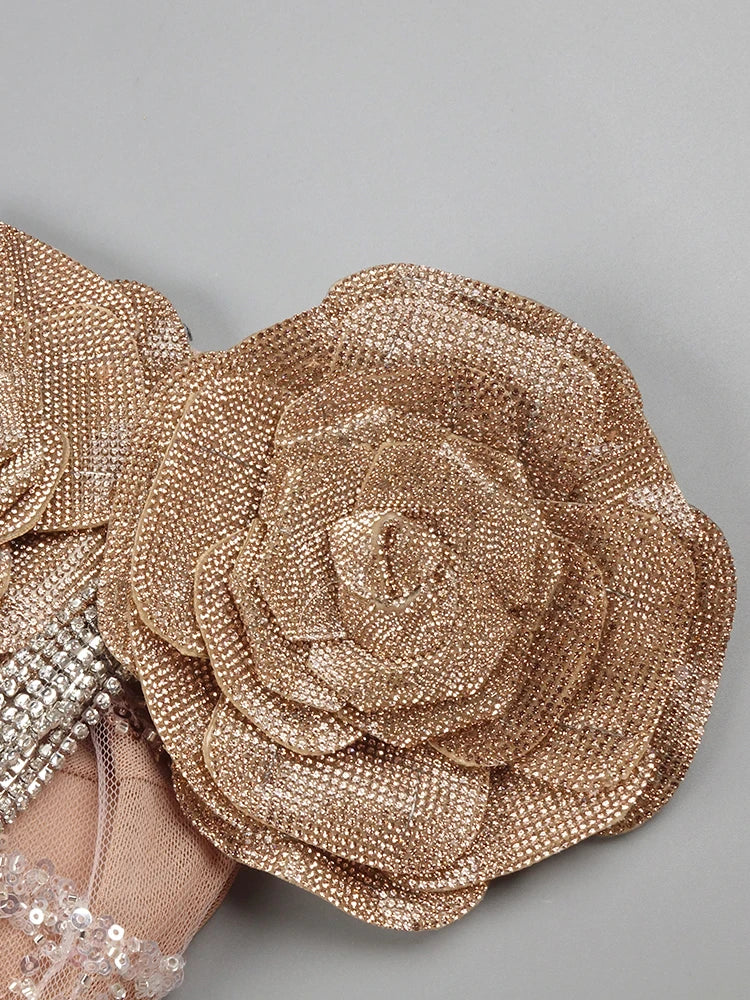 Women's Sexy One - Shoulder Sequin Gown with Rose Embellishments Lace High Split Mesh Wedding Party Long Dress