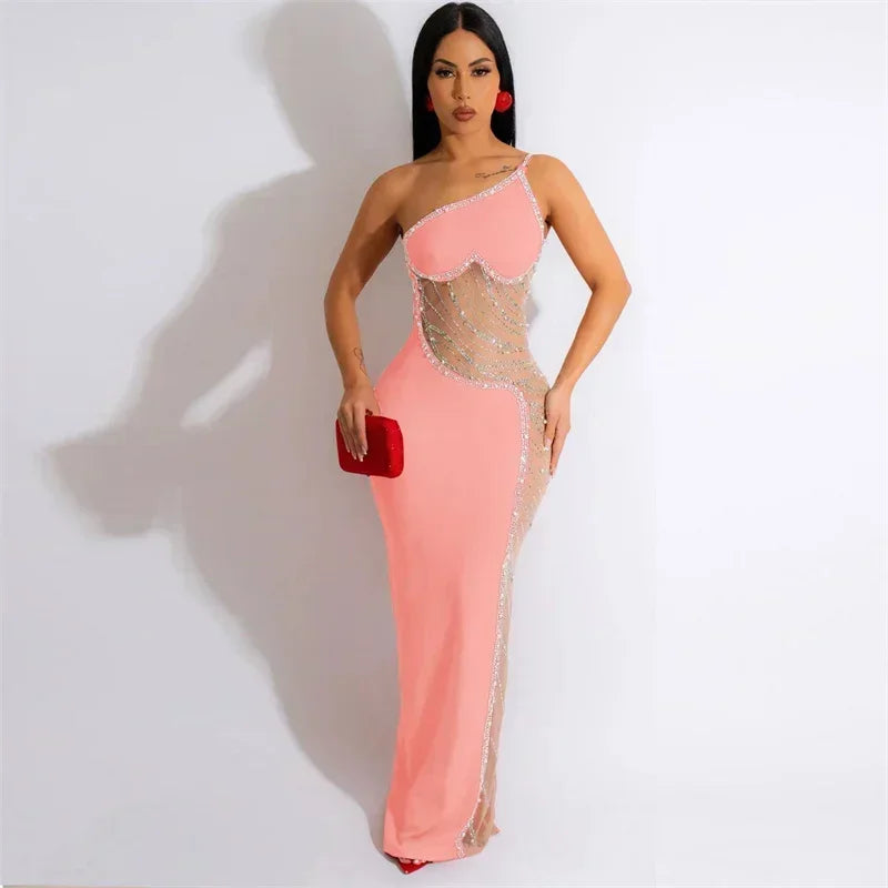 Sexy See-through Mesh Patchwork Sheath Maxi Dress Women Elegant One Shoulder Crystal Rhinestones Night Party Prom Birthday Dress