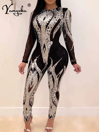 Sexy Long Sleeve Sequin Bodycon Jumpsuit Women Body Bodysuit One Piece Birthday Party Nightclub Outfits Womens Jumpsuits Overall - stylishhomedecor2024.com