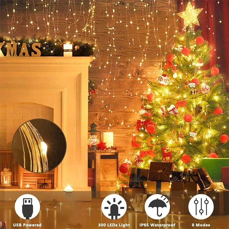 3M LED Curtain String Lights Fairy Decoration USB Holiday Garland Lamp 8 Mode for Home Garden Christmas Party New Year Wedding - stylishhomedecor2024.com