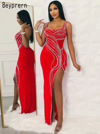 Women'S Rhinestones Décor Leg Slit Maxi Dress Glam Sleeveless Diamonds Slim Party Club Dress Birthday Outfits Vestidos - stylishhomedecor2024.com