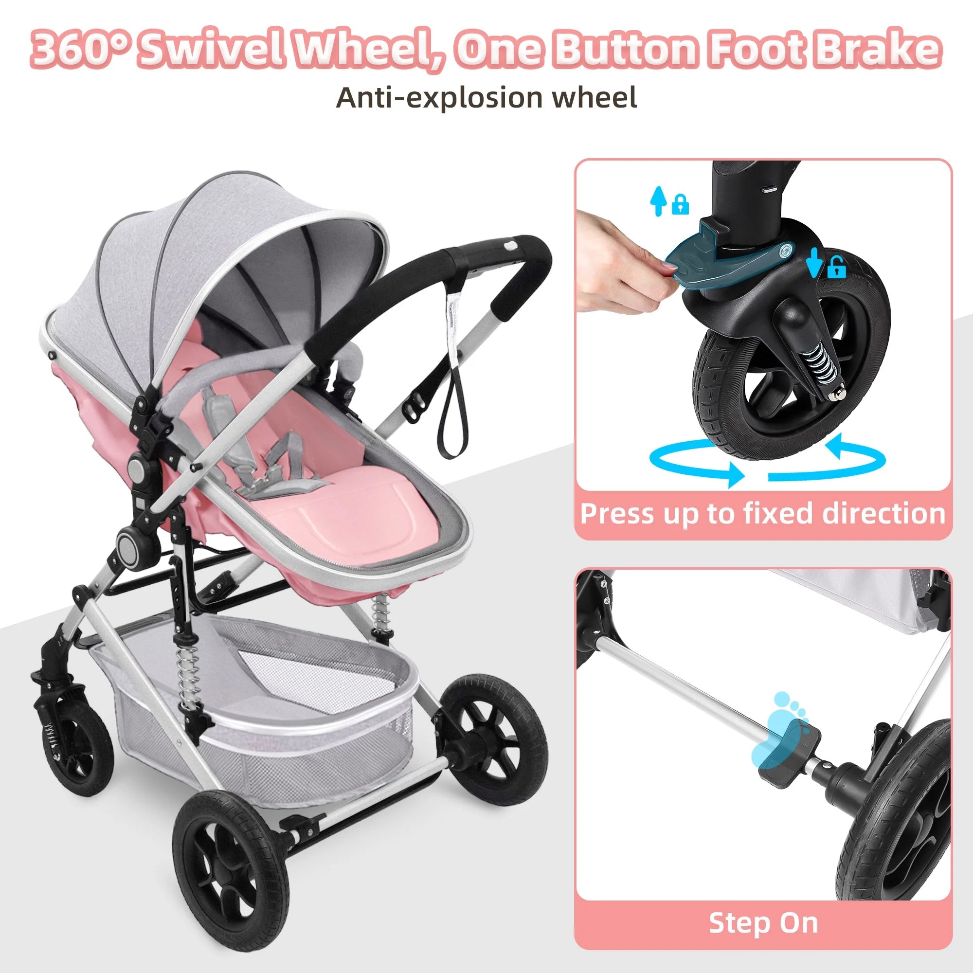 Foldable Baby Stroller with Reversible Bassinet - stylishhomedecor2024.com
