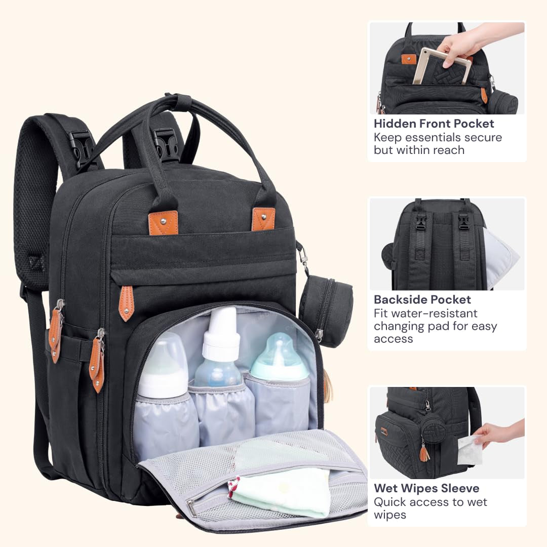 Babbleroo Diaper Bag Backpack - Baby Essentials Travel Tote - Multi Function Waterproof Diaper Bag, Travel Essentials Baby Bag with Changing Pad, Stroller Straps & Pacifier Case - Unisex, Black