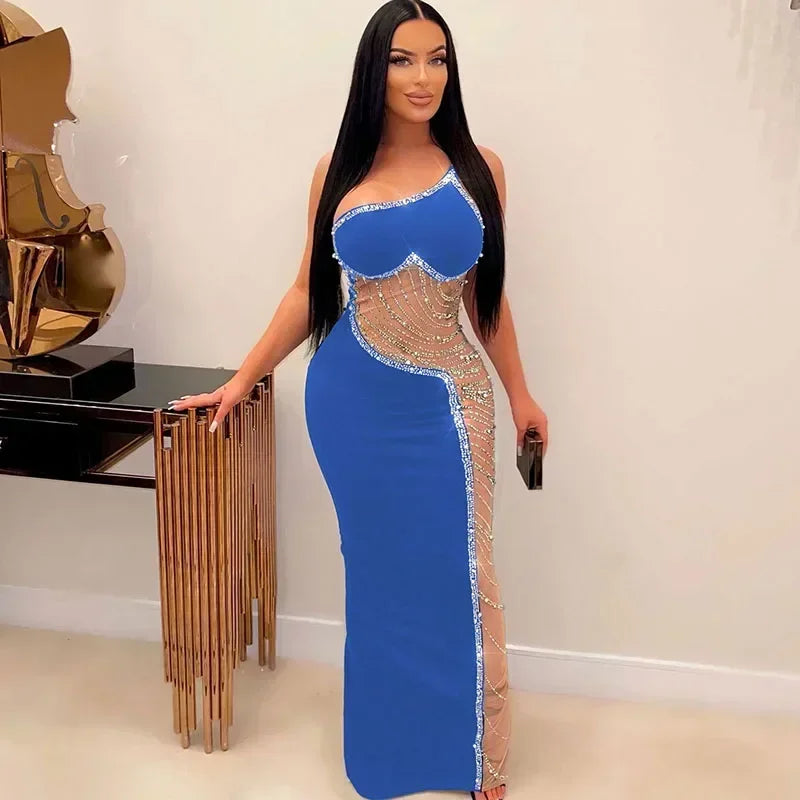 Sexy See-through Mesh Patchwork Sheath Maxi Dress Women Elegant One Shoulder Crystal Rhinestones Night Party Prom Birthday Dress