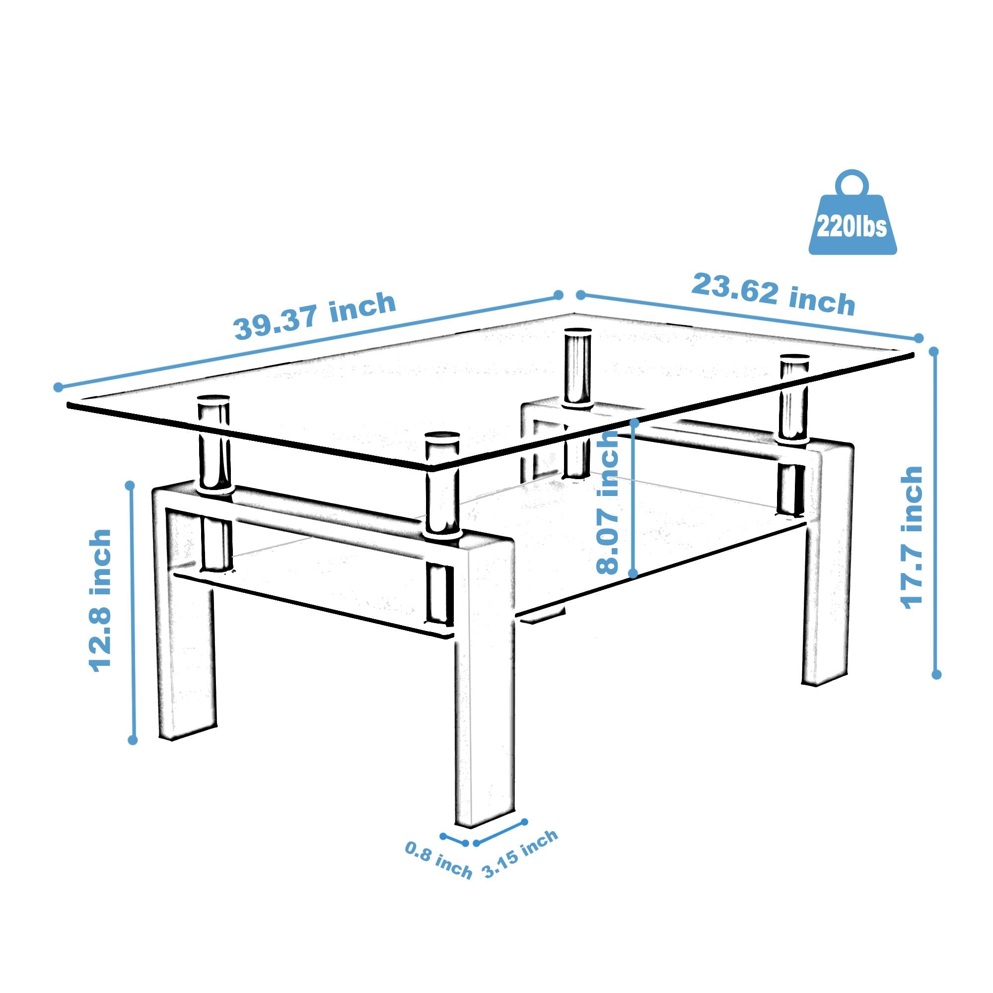 Rectangle Black Glass Coffee Table, Clear Coffee Table,Modern Side