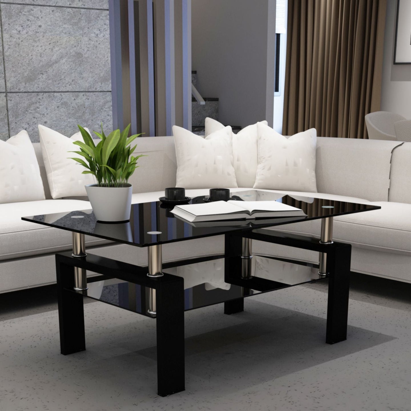 Rectangle Black Glass Coffee Table, Clear Coffee Table,Modern Side