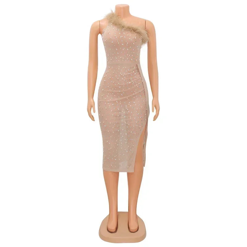 KEXU Feather Sheer Mesh Splicing Wraped Side Split Diamond Dress Beaded One Shoulder Rhinestones Sexy Club Party Women Dress