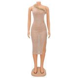 KEXU Feather Sheer Mesh Splicing Wraped Side Split Diamond Dress Beaded One Shoulder Rhinestones Sexy Club Party Women Dress