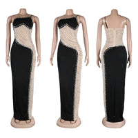 Pearls Crystal Rhinestones Prom Maxi Dress Women Elegant One Shoulder See-through Mesh Patchwork Night Club Party Birthday Dress
