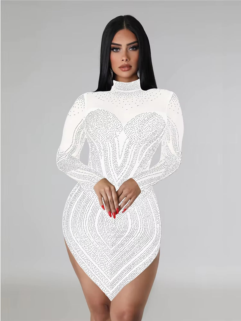 Idress Elegant Rhinestone Decor Sheer Mesh Bodycon Long Sleeve Dress for Women Sexy Designer Fashion Night Party Club Vestidos - stylishhomedecor2024.com