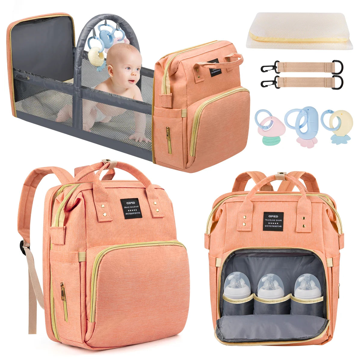 Diaper Bag Backpack, Multifunctional Baby Diaper Bags with Changing Station &Foldable Crib, Large Baby Bag for 0-6 Mouth Boys Girls W/ USB Charging Port&Stroller Strap, Mom Gifts Baby Essentials(Pink) - stylishhomedecor2024.com