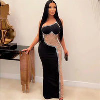 Sexy Crystal Rhinestones Prom Maxi Dress Women Elegant One Shoulder See-through Mesh Patchwork Night Party Gown Birthday Dresses