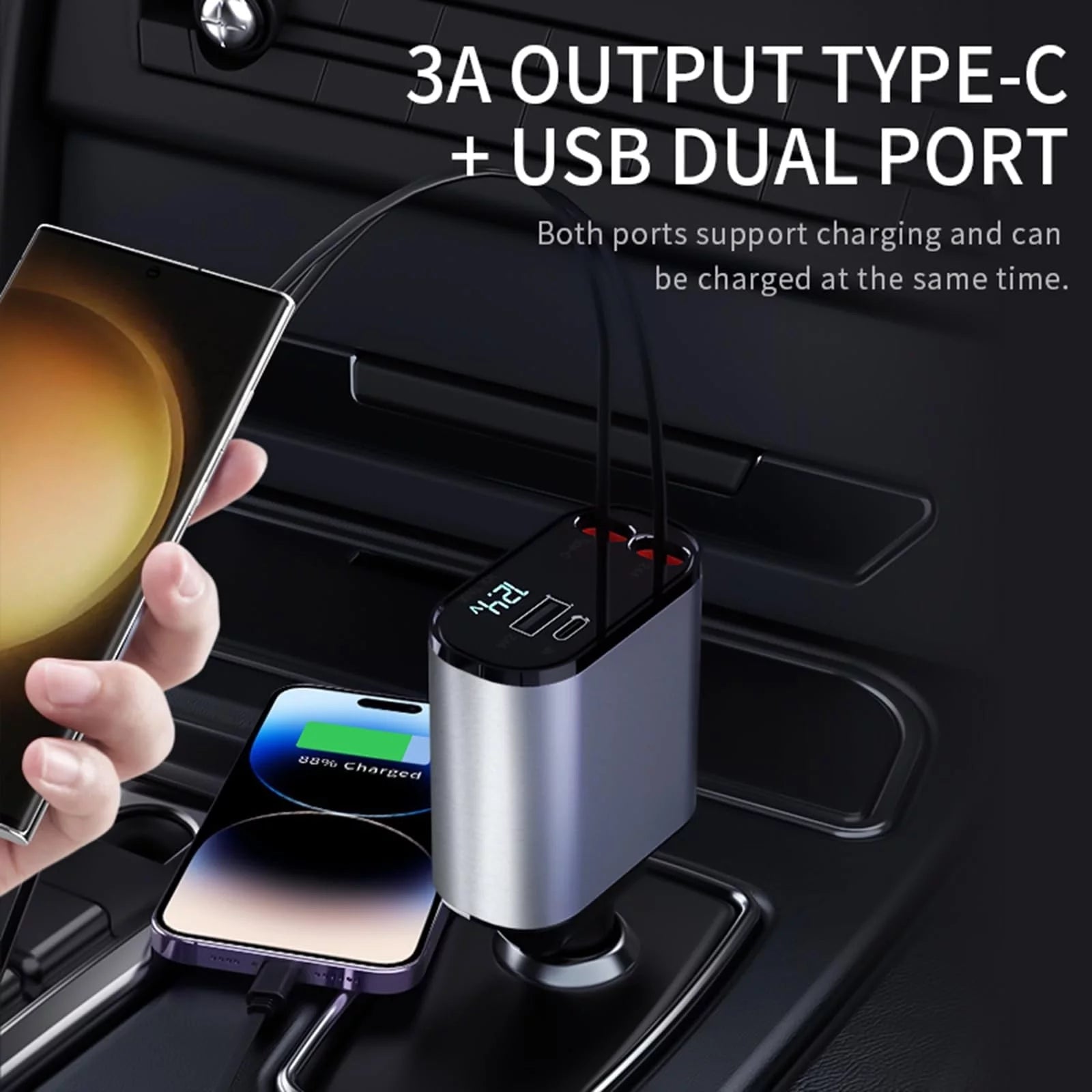 4 in 1 Retractable Car Charger, 100W Fast Car Phone Charger with Iphone and Type C Cable and 2 Charging Ports Car Charger Adapter - stylishhomedecor2024.com