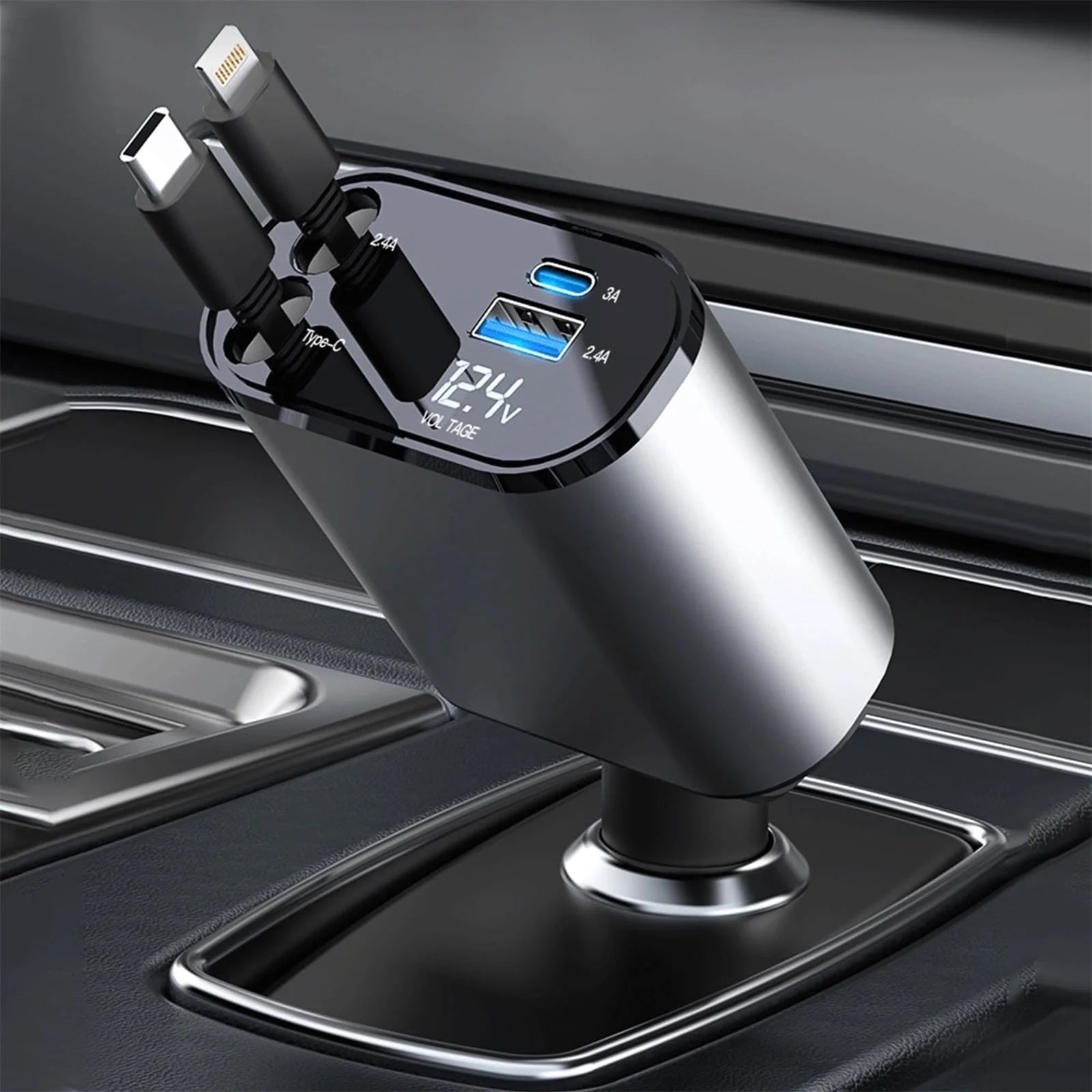 4 in 1 Retractable Car Charger, 100W Fast Car Phone Charger with Iphone and Type C Cable and 2 Charging Ports Car Charger Adapter - stylishhomedecor2024.com