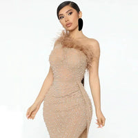 KEXU Feather Sheer Mesh Splicing Wraped Side Split Diamond Dress Beaded One Shoulder Rhinestones Sexy Club Party Women Dress