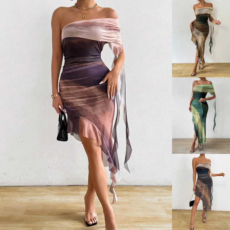 New Sweetheart Hot Girl Strapless Dress Mesh Thin Ruffled Slim Sexy Party Birthday Skirt for Women