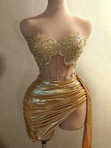 Women Glitter Top Two Pieces Short Skirt Sets Sexy Strapless Sequins Rhinestone Luxury Gold Dress Design 2024 Stage Show Outfit - stylishhomedecor2024.com