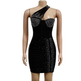 Incline Shoulder Mesh Rhinestone Short Prom Dress See through Night Club Outfits Evening Gowns Party Sexy Bodycon Mini Dresses - stylishhomedecor2024.com