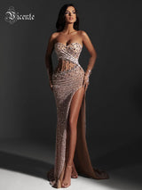 VC Beige Sequins Strapless Long Dress Backless See through Mesh Crystal High Slit Celebrity Party Evening Gowns with Gloves