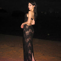 European and American women's 2023 autumn and winter new sexy mesh lace vest one shoulder sleeveless hollow suspender dress