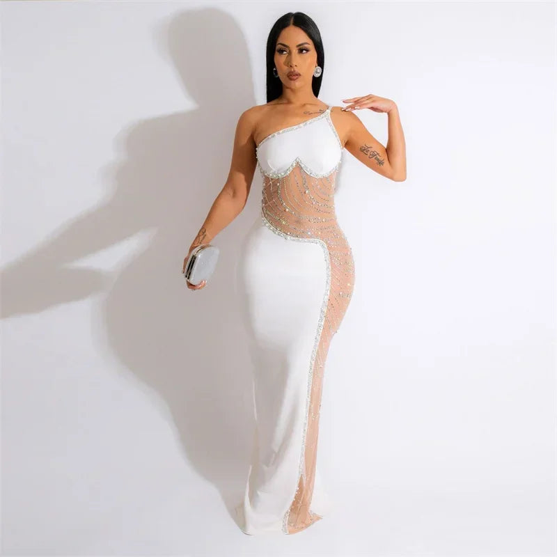 Sexy Crystal Rhinestones Prom Maxi Dress Women Elegant One Shoulder See-through Mesh Patchwork Night Party Gown Birthday Dresses