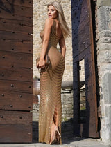 Women Luxury Sexy Mesh Sequins Crystal Diamonds Maxi Long Dress Birthday Party Costume Bar Nightclub Stage Performance Outfit