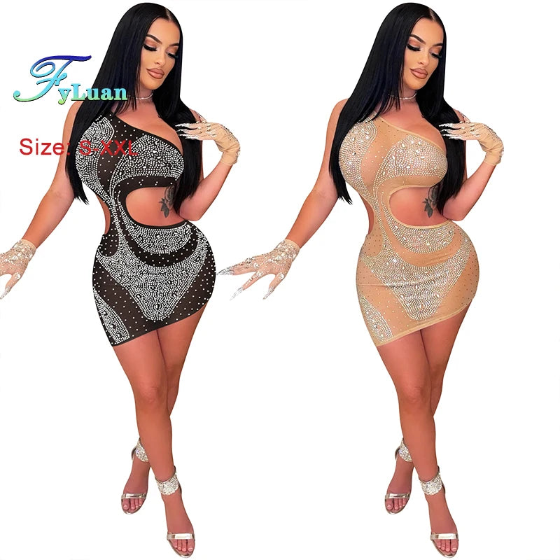 Mesh Perspective Women's Cut Out Waist Dress Inclined ShoulderSleeveless Set With Diamonds Slim Irregular Skirt Vacation Outfits