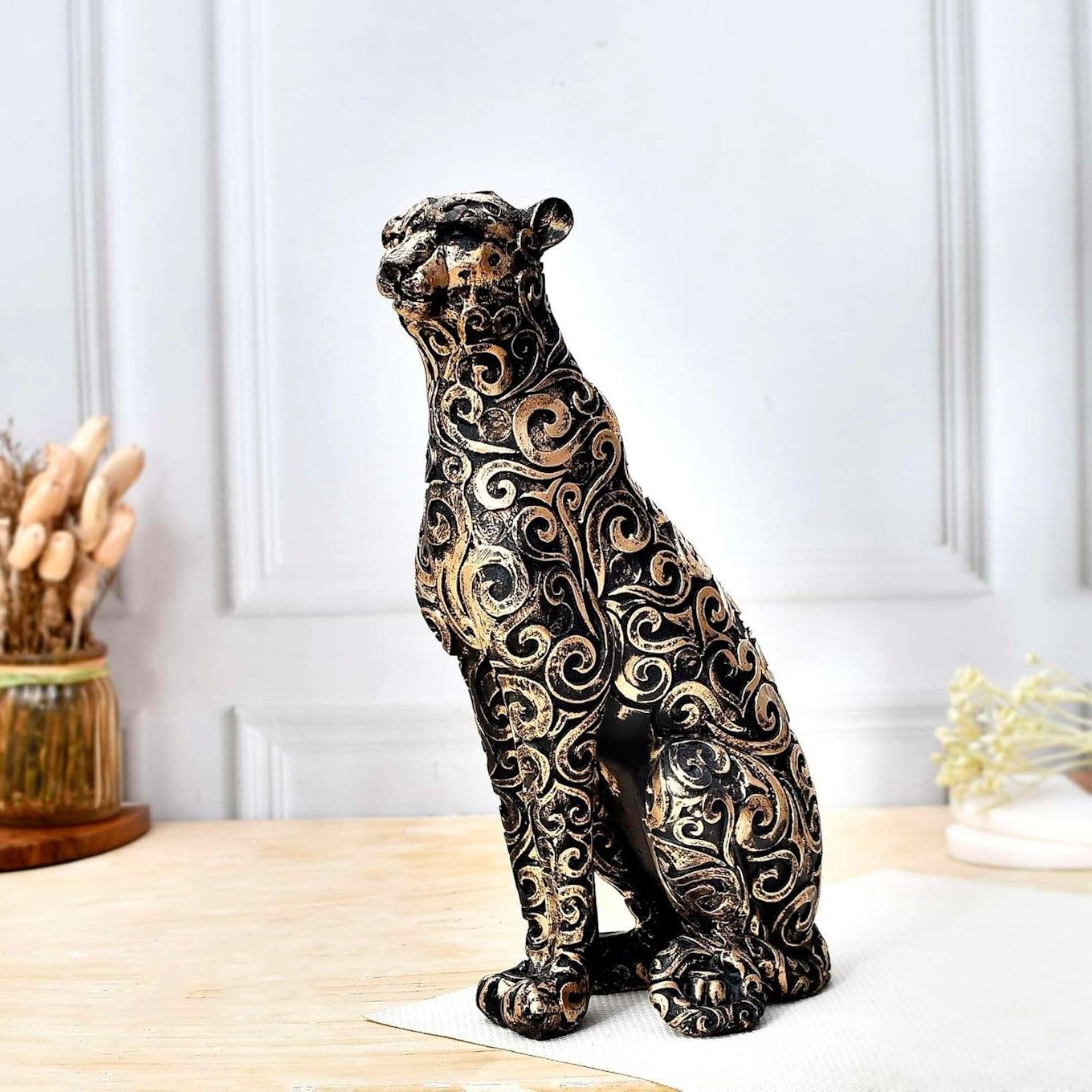 Ornate Black and Gold Cat Sculpture – Elegant Home Décor Piece